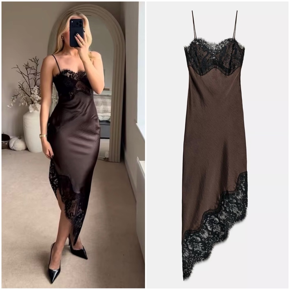 ASYMMETRIC SATIN LACE DRESS ZW COLLECTION - SLIP DRESS - Picture 7 of 17